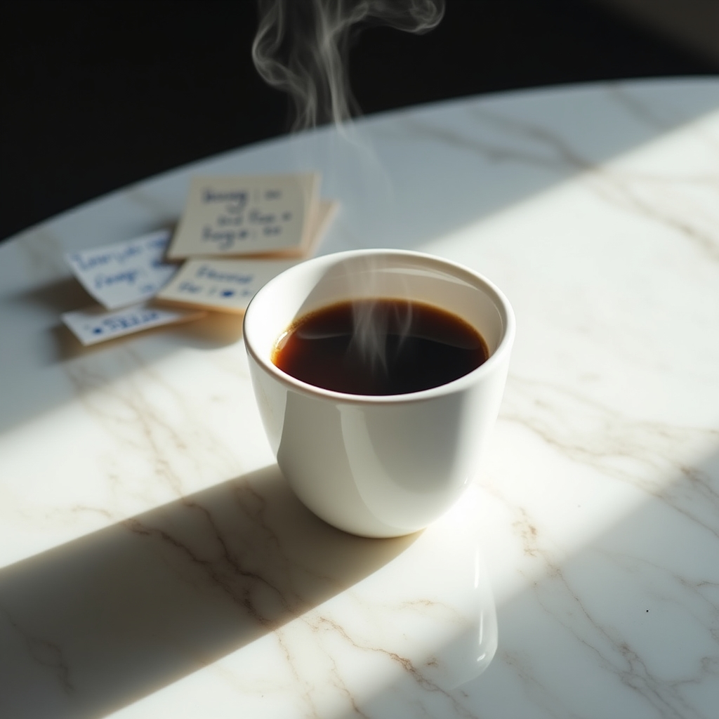 Close-up of a steaming cup of black coffee on a white surface with small printed research notes beside it