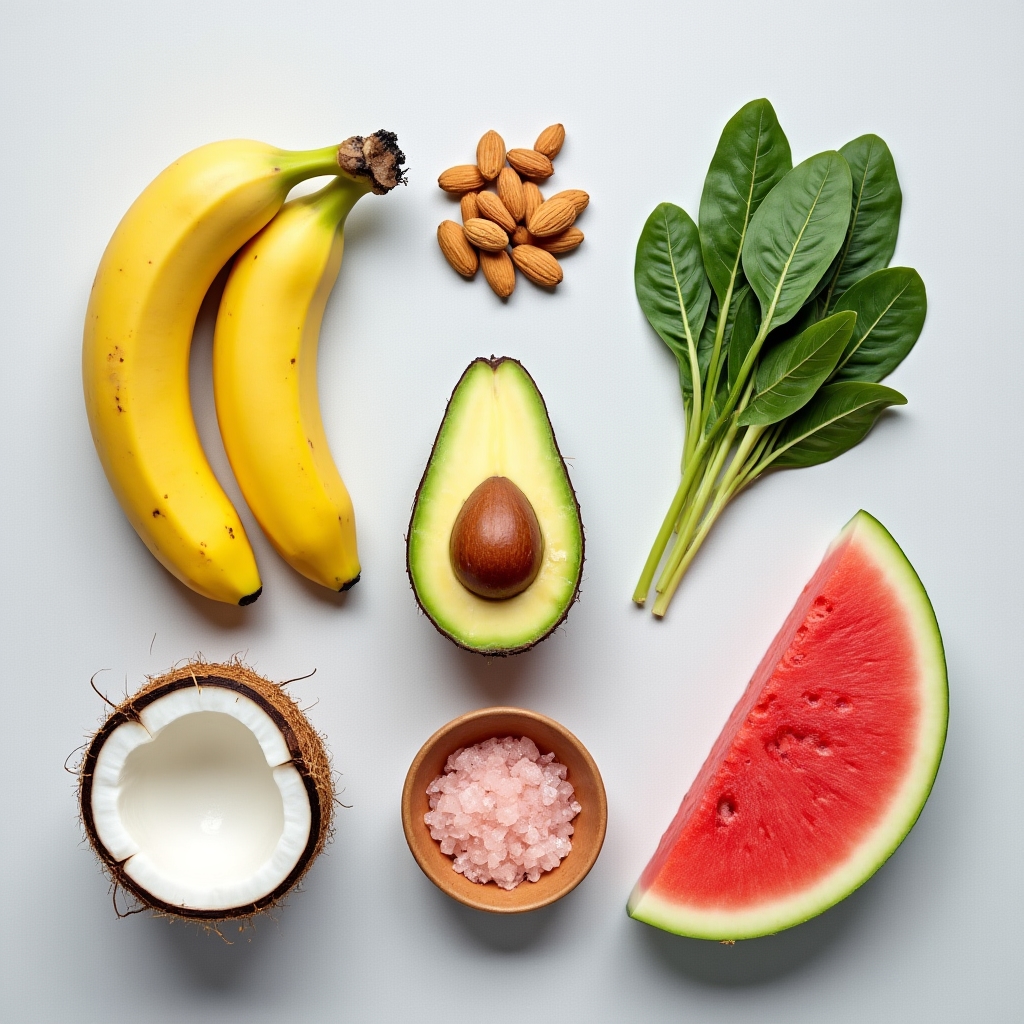 Top-down flat lay of natural electrolyte-rich foods including bananas, avocado, leafy greens, and almonds on a light gray surface