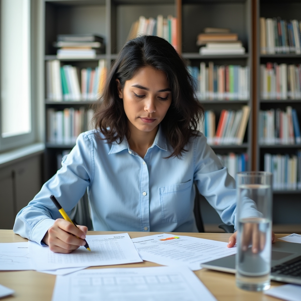 Researcher at a clean desk reviewing printed hydration study papers with a highlighter and glass of water nearby