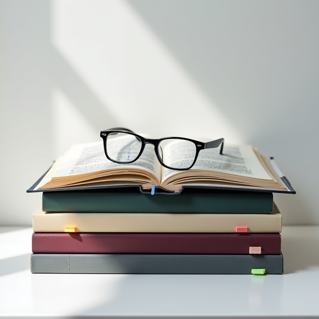 Stack of scientific and medical journals with bookmarked pages on a clean white desk, soft natural light from the left