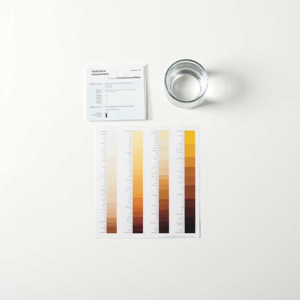 Simple flat-lay illustration of a urine color reference chart next to a glass of water on a clinical white surface