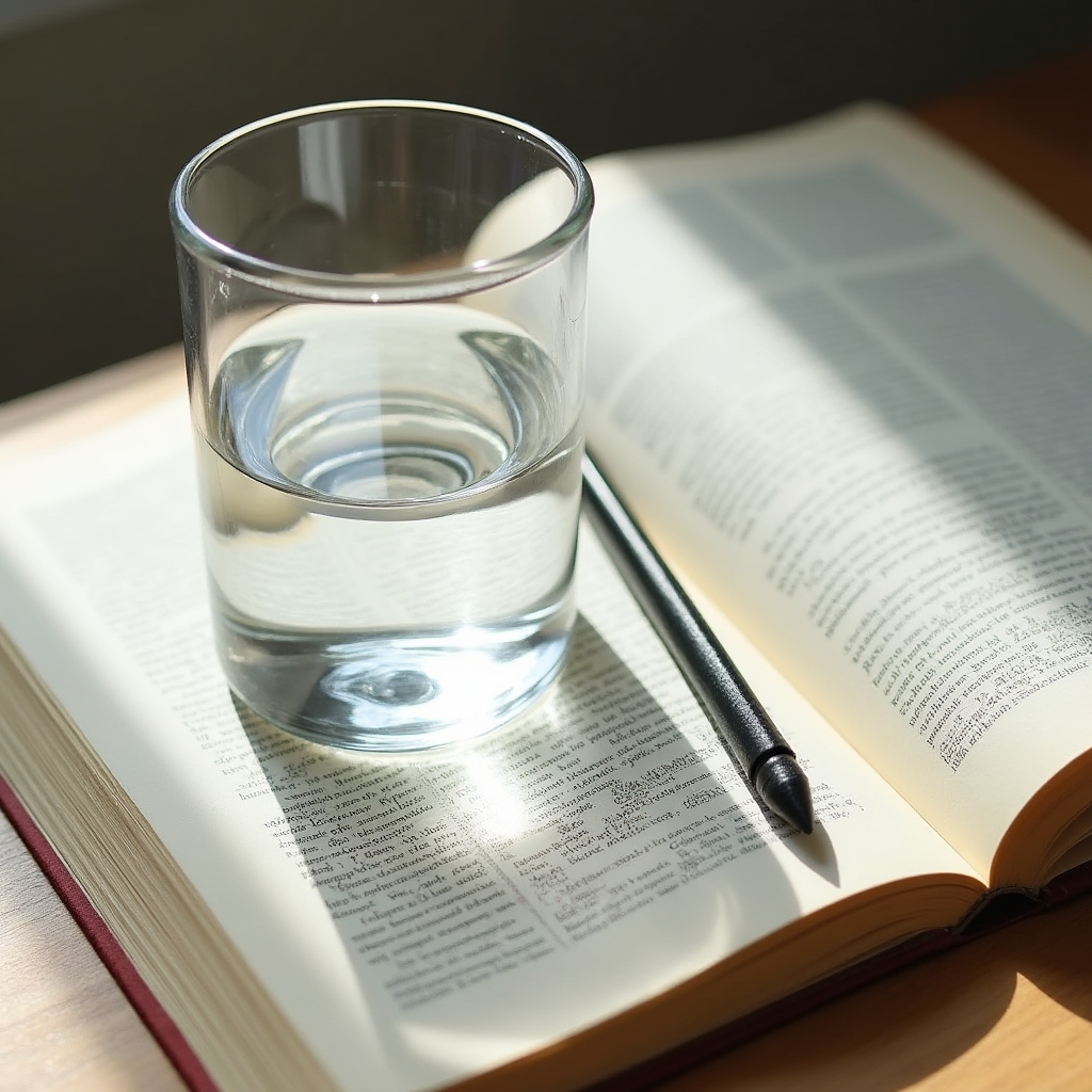 Clear glass of water next to an open scientific journal on a wooden desk